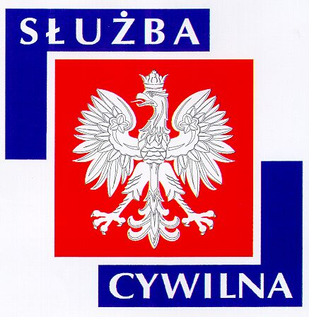 Służba cywilna Logotyp: Na szaro granatowym tle godło polski, na górze napis Służba, na dole Cywilna