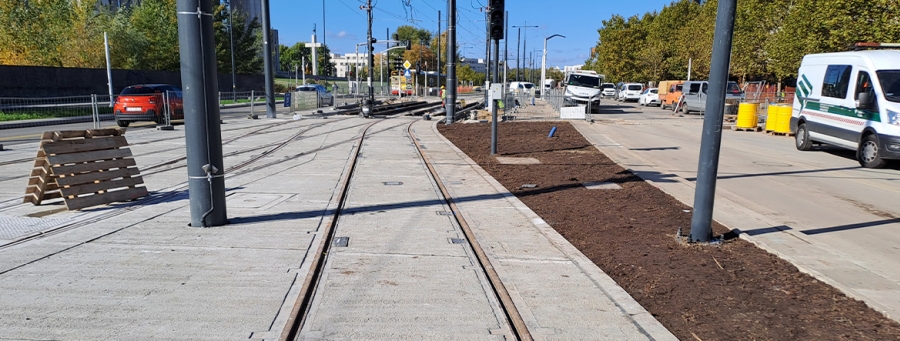 Na zdjęciu widać szyny tramwajowe.